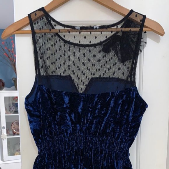 Crushed Blue Velvet cinched-waist mini dress with lace neckline & decal! - Picture 6 of 13